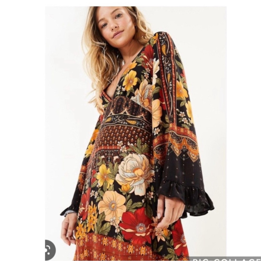 FARM Rio Black Floral Long-Sleeve Maxi Dress with Red, Yellow and Cream Accents